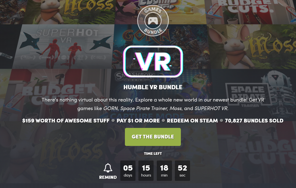 Humble VR Bundle已售出超70000個，支付金額達(dá)100萬美元