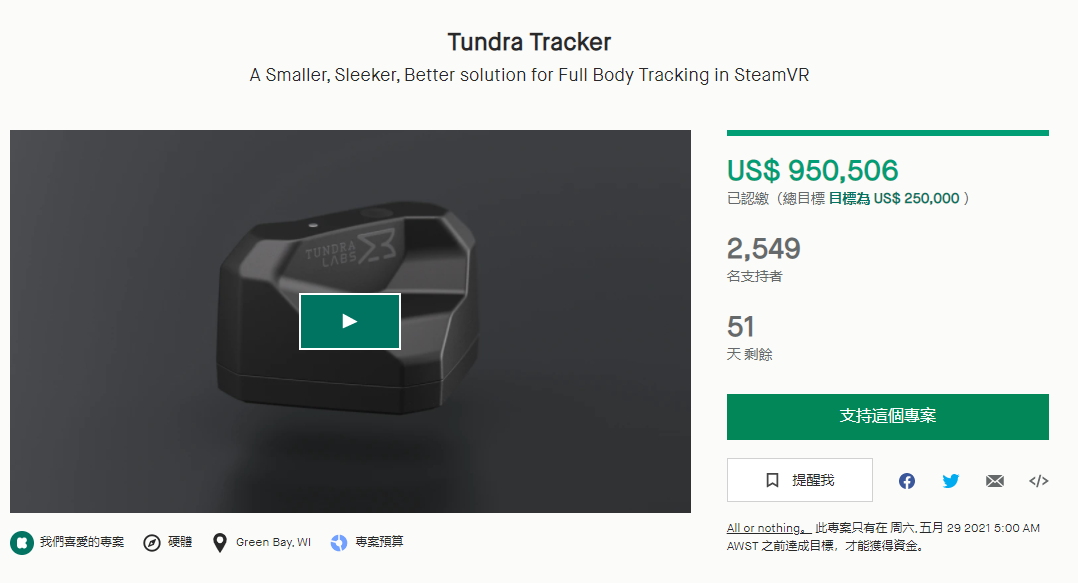 Tundra Tracker上线12分钟破25万美元众筹目标，24小时破70万美元_VR陀螺