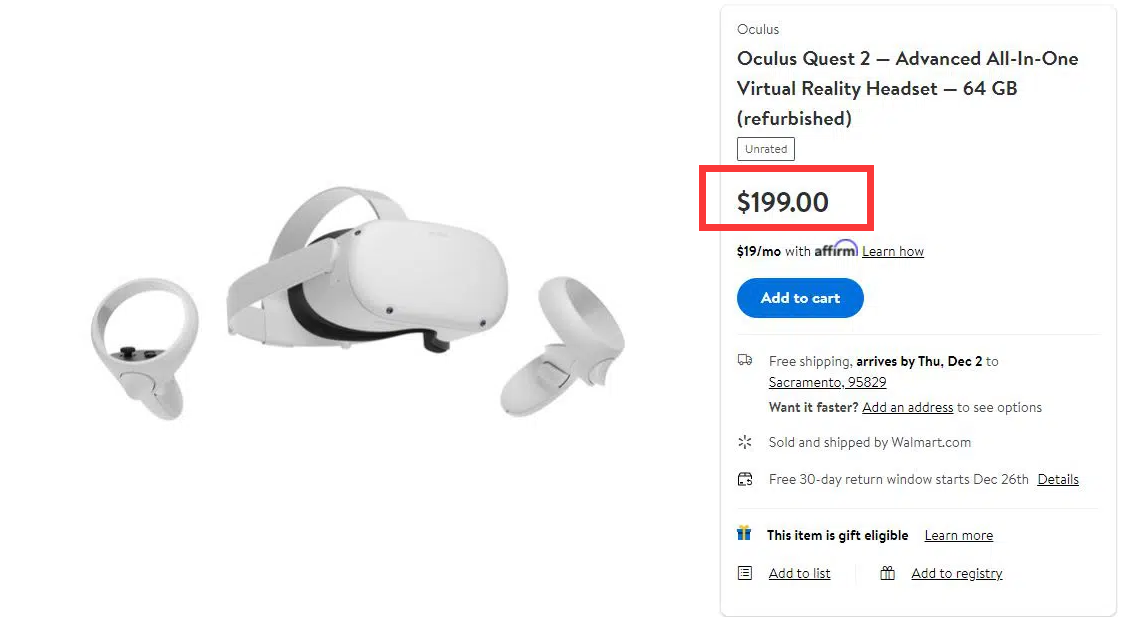 历史最低价！64GB版本Quest 2头显沃尔玛售价仅199美元_VR陀螺