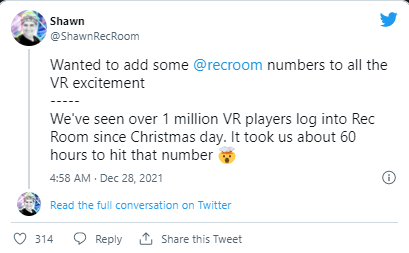 VR游戏圣诞节爆卖：超100万VR玩家在60小时内登录《Rec Room》