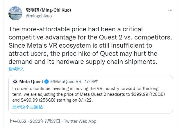 郭明錤：Quest 2涨价可能会丧失竞争优势