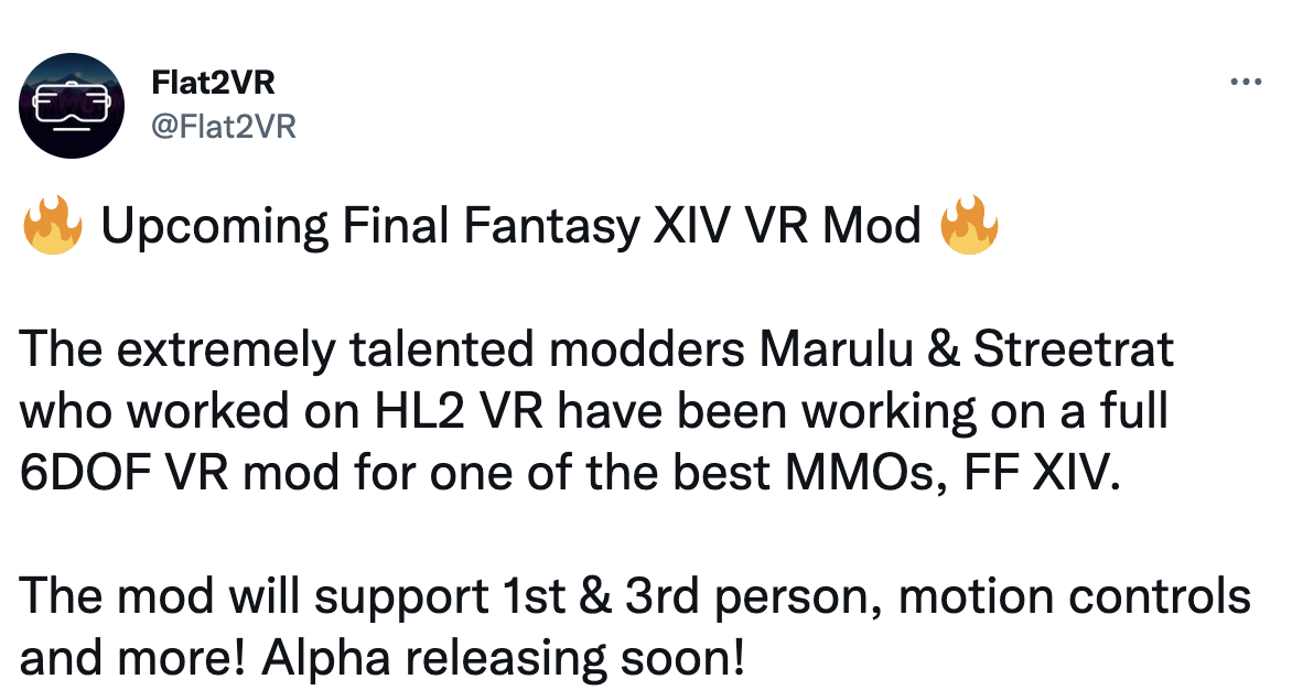 《最终幻想14：重生之境》VR mod即将进入alpha测试